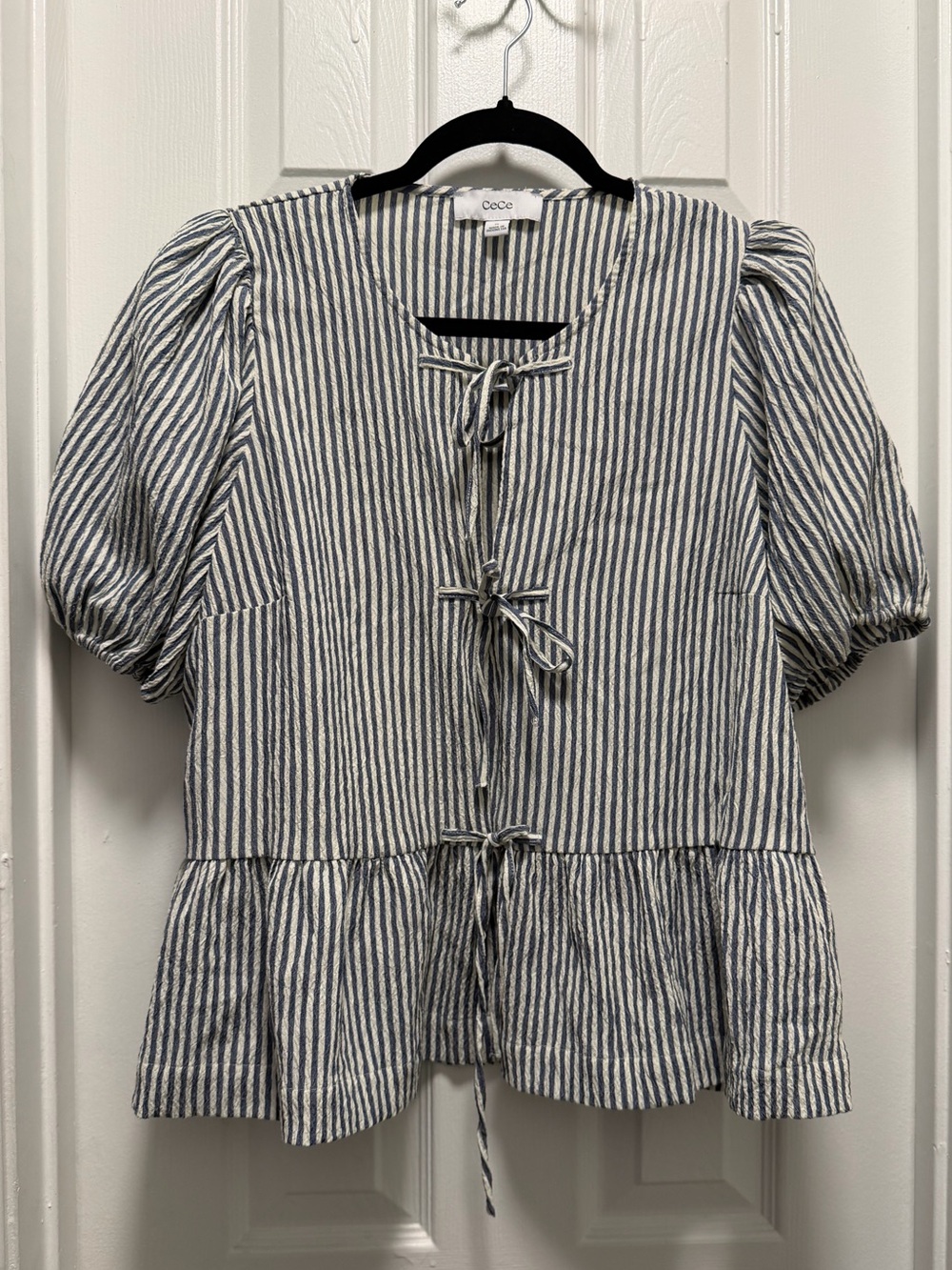 CeCe Blue and White Striped Tie-Front Peplum Tunic
